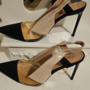 Zara Black and Nude Patent Slingback Stiletto Heels